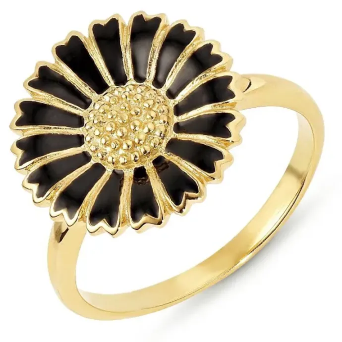14 mm marguerit sort ring i forgyldt sølv - Marie