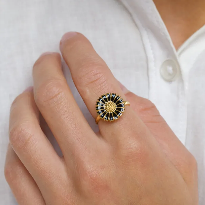 14 mm marguerit sort ring i forgyldt sølv - Marie