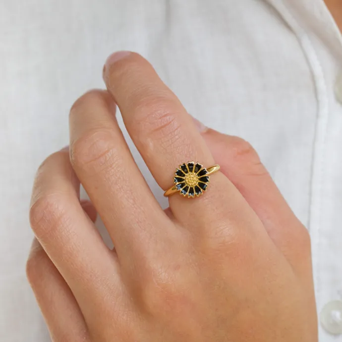 12 mm marguerit sort ring i forgyldt sølv - Marie