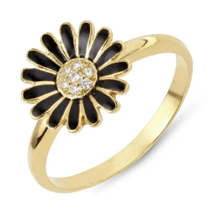 11 mm marguerit sort zirkon ring i forgyldt sølv - Matilda