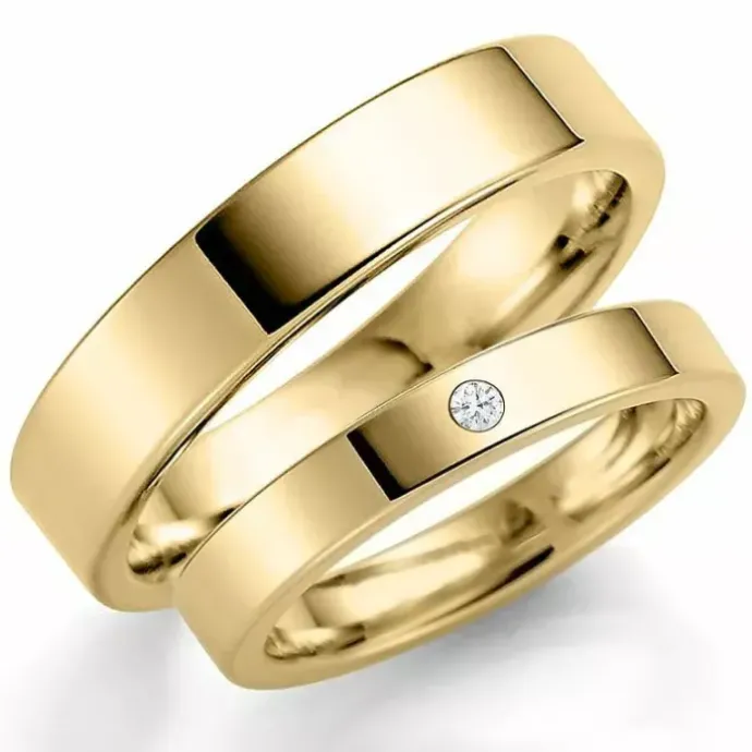 4 og 3 mm vielsesringe i 14 karat guld 0,02 ct - sæt