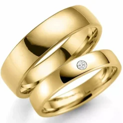 5 og 4 mm vielsesringe i 14 karat guld 0,03 ct - sæt