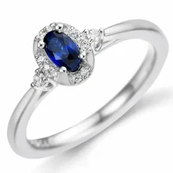 Blå safir diamantring i 14 karat hvidguld 0,08 ct 0,35 ct