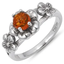 Blomster rav ring i sølv