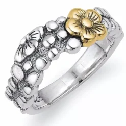 Blomster ring i sølv med 9 karat guld
