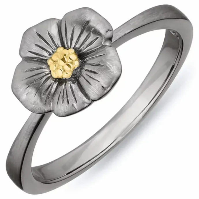 Blomster ring i sort rhodineret sølv