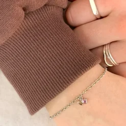 Børne Nordahl Andersen hjerte armbånd i rhodineret sølv lyserød zirkon