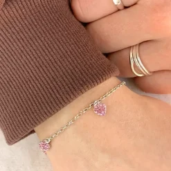 Børne Nordahl Andersen hjerte armbånd i rhodineret sølv lyserød zirkon