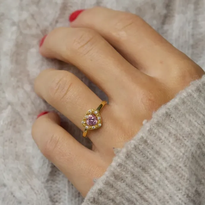 Elegant hjerte lyserød zirkon ring i 9 karat guld