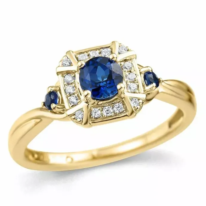 Firkantet safir diamantring i 14 karat guld 0,07 ct 0,45 ct 0,09 ct