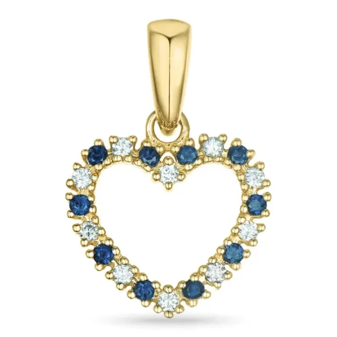 Hjerte safir diamantvedhæng i 14 karat guld 0,08 ct 0,09 ct