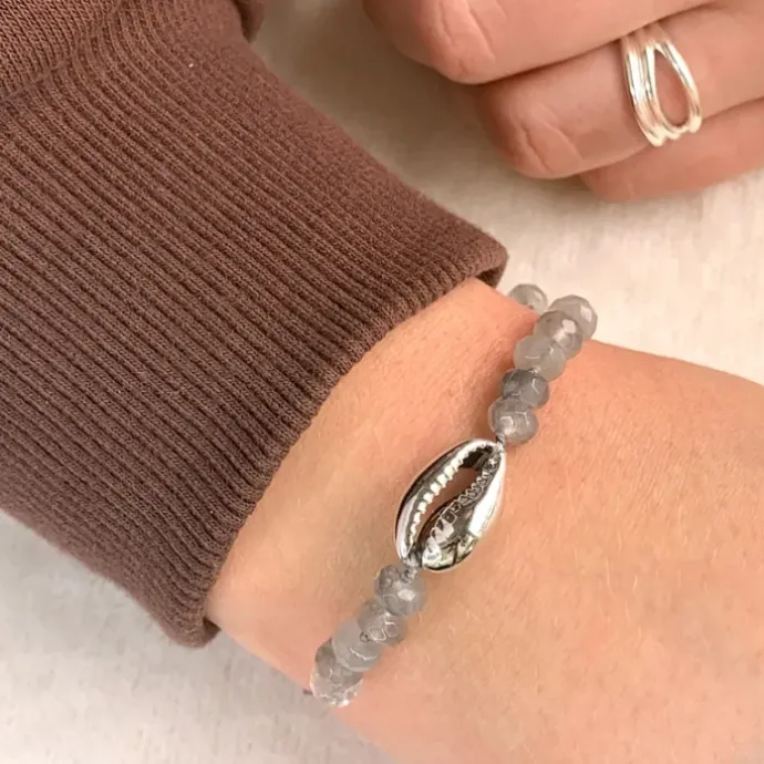 Kvarts muslinge armbånd i silke snor 17 cm plus 4 cm x 10 mm