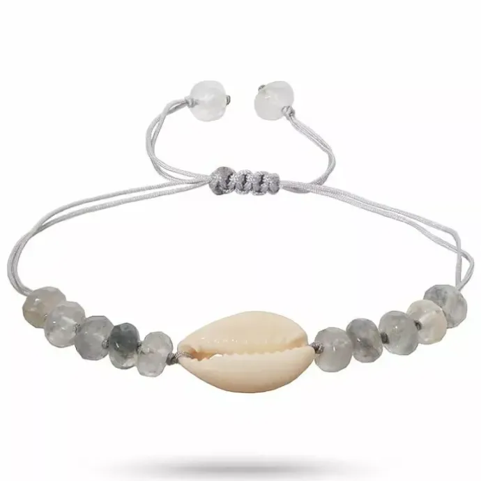 Kvarts shell musling armbånd i silke snor 17 cm plus 4 cm x 10 mm