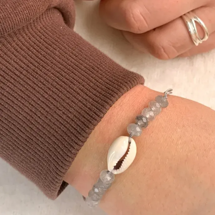 Kvarts shell musling armbånd i silke snor 17 cm plus 4 cm x 10 mm