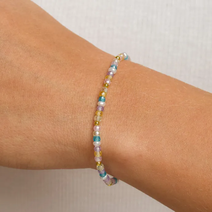 Multifarvede sten armbånd med ferskvandsperle