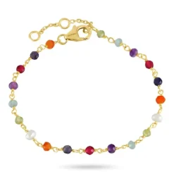 Multifarvet sten armbånd i forgyldt sølv 16 + 3 cm x 3,5 mm