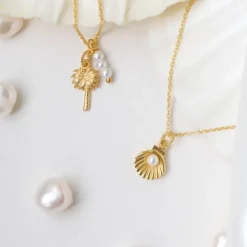 Musling perle halskæde i forgyldt sølv