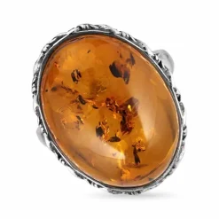 Oval rav ring i oxideret sterlingsølv