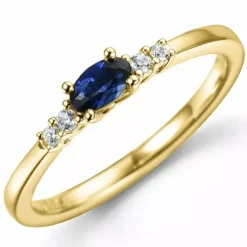 Oval safir diamantring i 14 karat guld 0,35 ct 0,06 ct