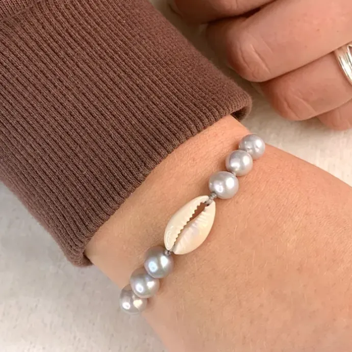 Perle shell musling armbånd i silke snor 17 cm plus 5 cm x 10 mm