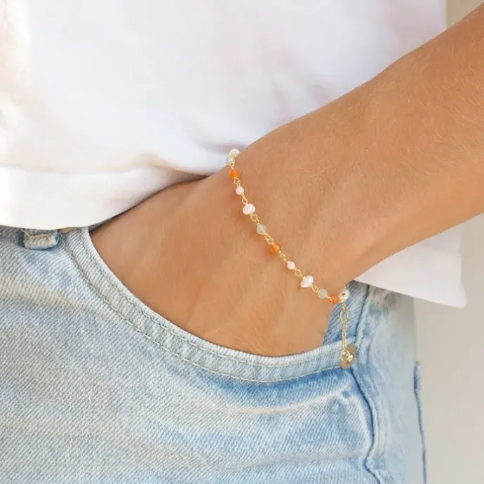 Pink sten armbånd i forgyldt sølv 16 + 3 cm x 3,5 mm