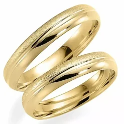 Ru og blank 4 mm vielsesringe i 9 karat guld - sæt