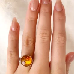 Rund rav ring i sølv