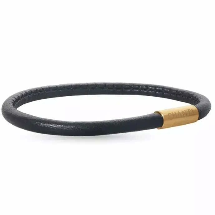 Rund sort armbånd i læder med forgyldt stål lås x 4 mm