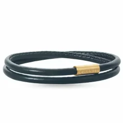 Rund sort armbånd i læder med forgyldt stål lås x 4 mm