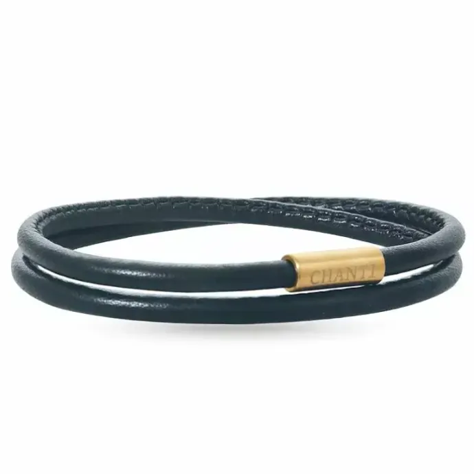 Rund sort armbånd i læder med forgyldt stål lås x 4 mm