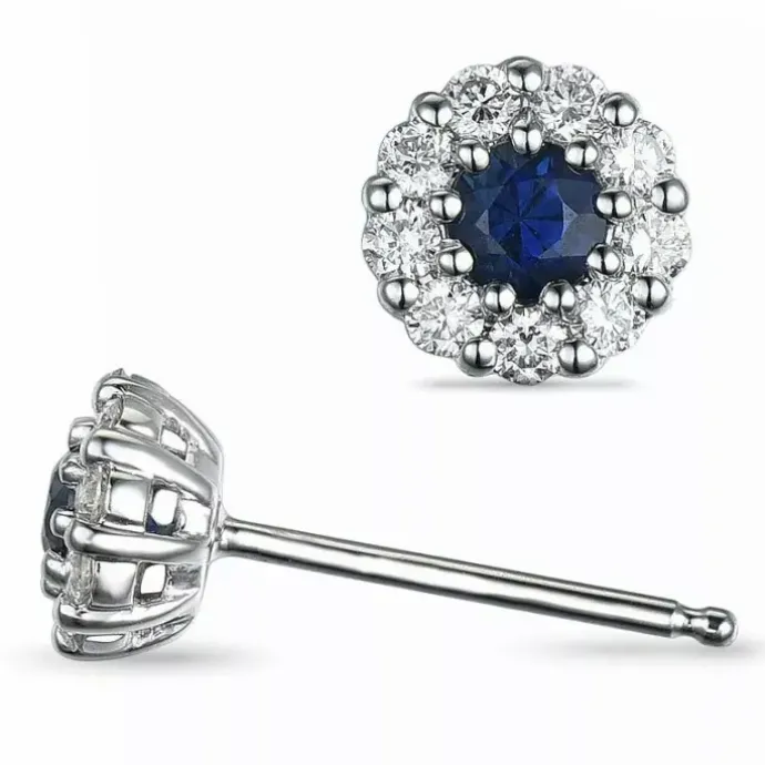 Runde safir brillantøreringe i 14 karat hvidguld med diamant og safir