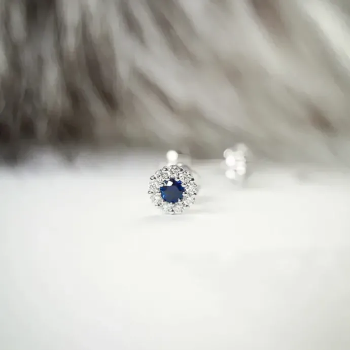 Runde safir brillantøreringe i 14 karat hvidguld med diamant og safir