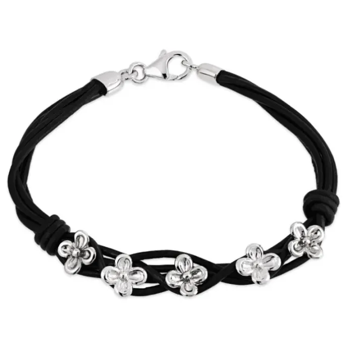 Sort armbånd i læder med blomstervedhæng i rhodineret sølv
