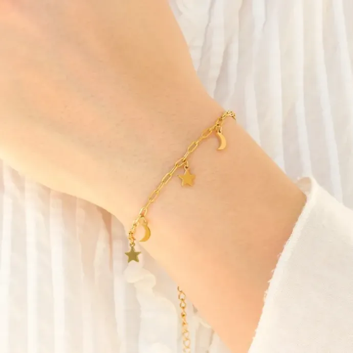 Vandfast måne og stjerne armbånd i forgyldt stål - OCEANA